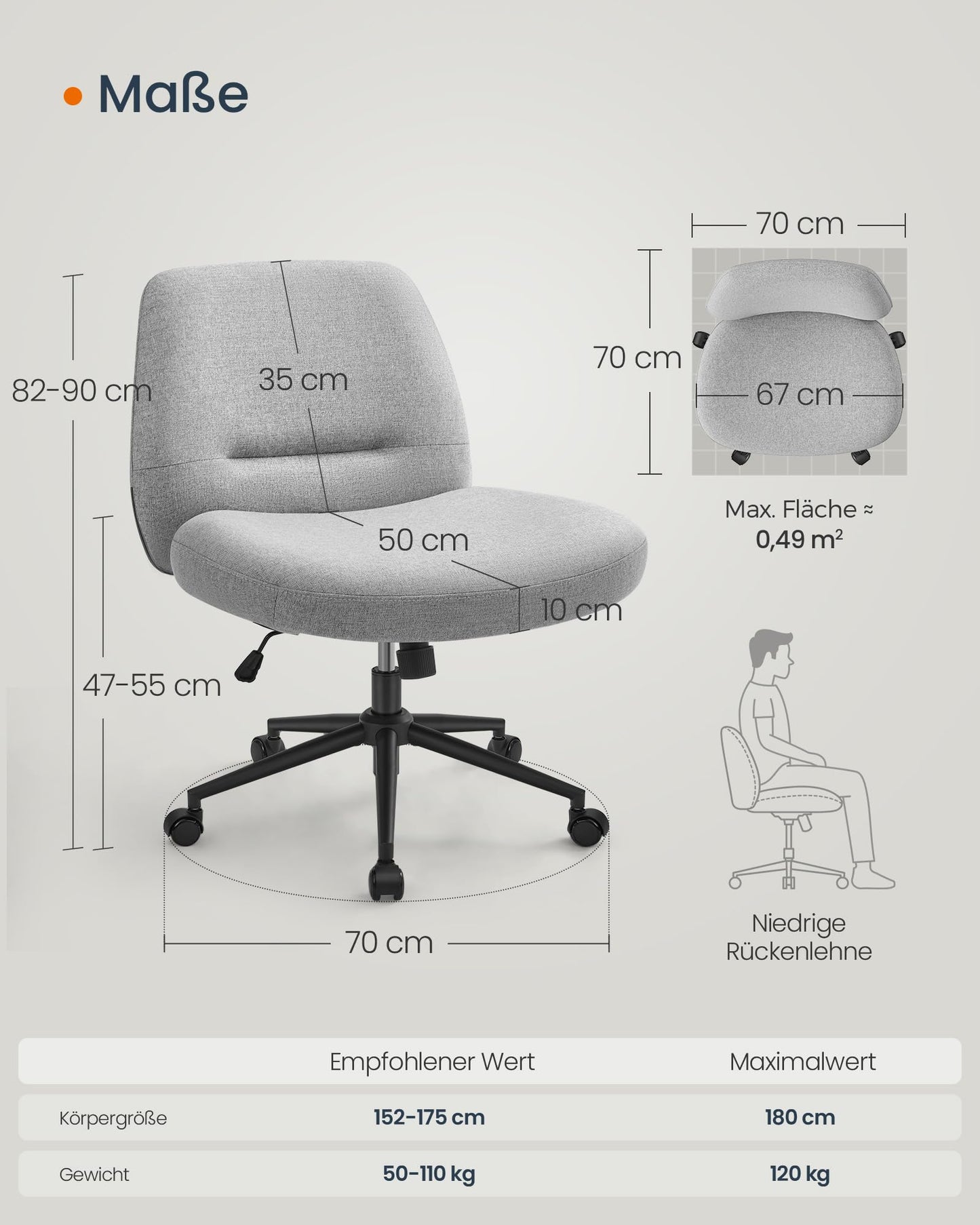 SONGMICS HOME Sewing Chair, Vanity Chair, Swivel Chair without Armrests, Office Chair, wide seat, modern design, with base, adjustable height, rocking function, Dove Gray OBG047G01