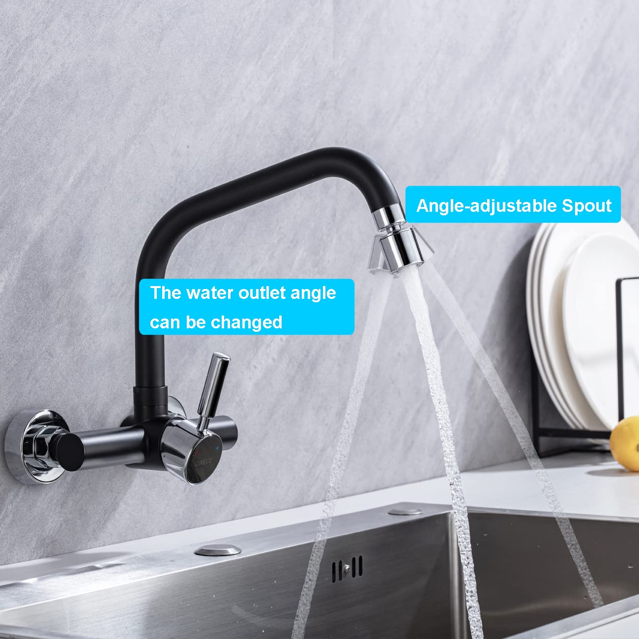 ONCE Wall Mounted Kitchen Faucet with 2 spray modes, Kitchen Faucet Wall Mounted with 360° swivel spout, Mixer Tap Wall Faucet with Modern Design, Black.