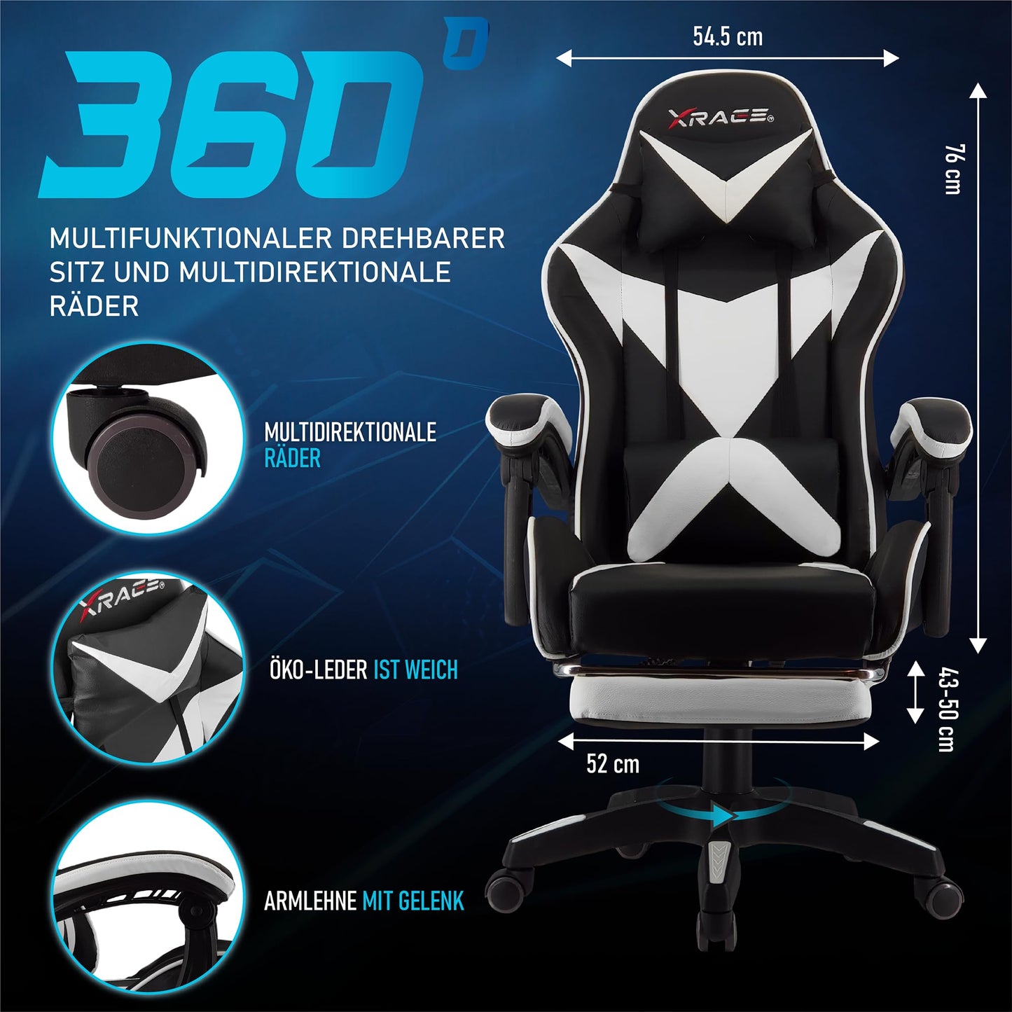 xRace Gaming Chair, Office Chair, Ergonomic PC Chair, Gaming Armchair made of Leather with Lumbar Support, Adjustable Swivel, Task Chairs with Footrest and Headrest, White