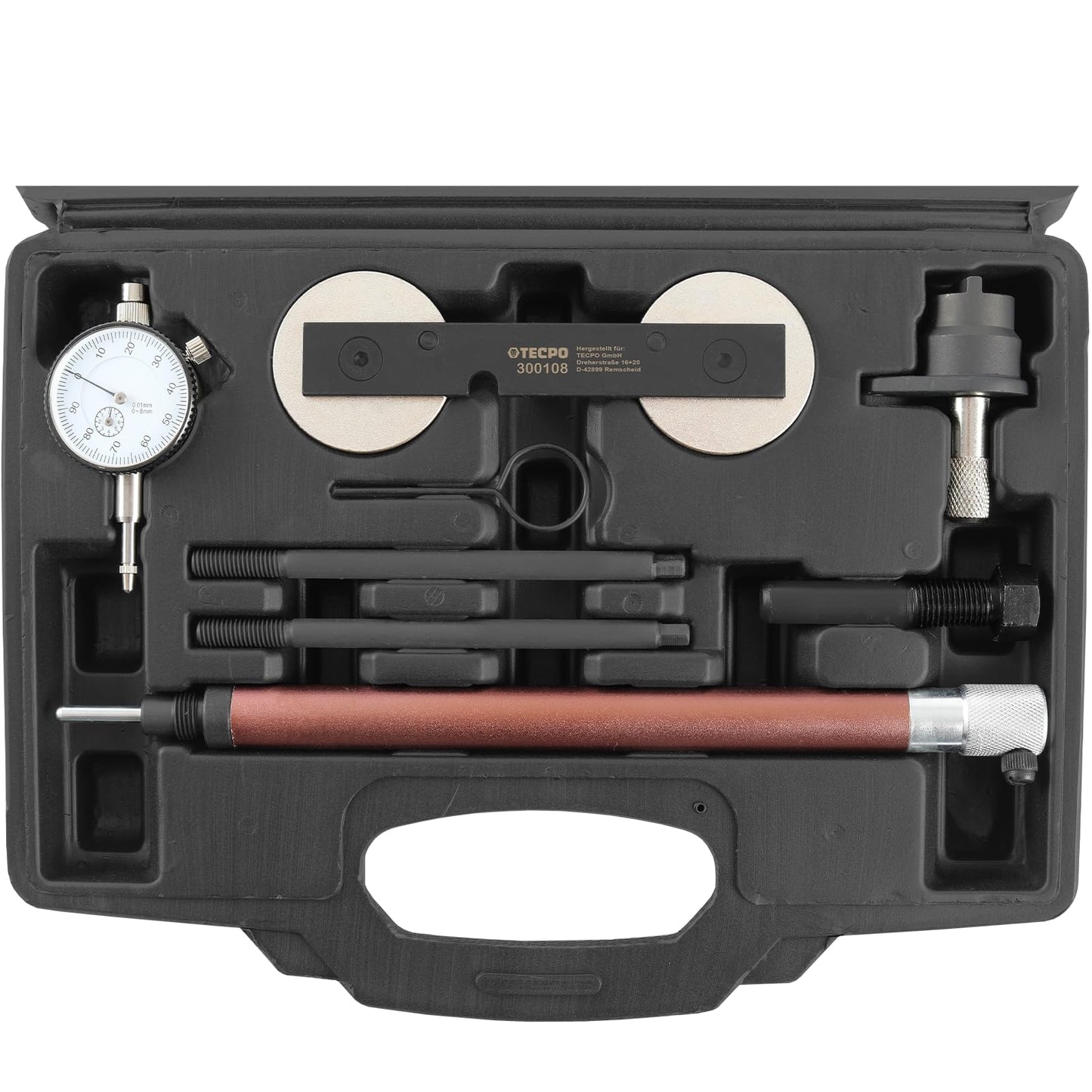 TECPO Engine Timing Tool Set VAG 1.2 1.4 1.6 FSI TSI TFSI suitable for Audi, VW, Seat, Skoda. Includes camshaft/crankshaft locking tools, dial gauge, OEM T10171 T10340 T10414. Ideal for timing chain replacement.