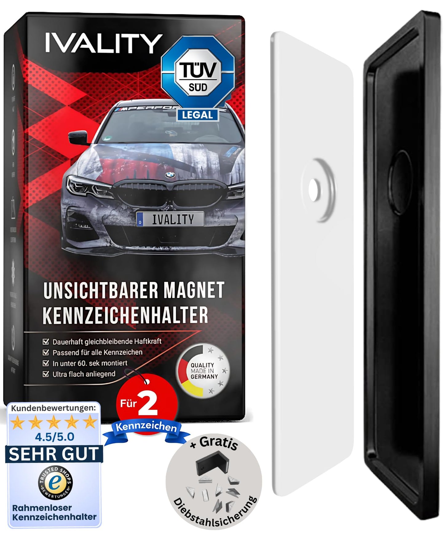 Ivality Magnetic License Plate Holder for 2 Plates, Invisible Frameless Magnetic License Plate Holder for Car, Interchangeable License Plate Holder for Austria, Road Legal, TÜV tested up to 350 km/h.