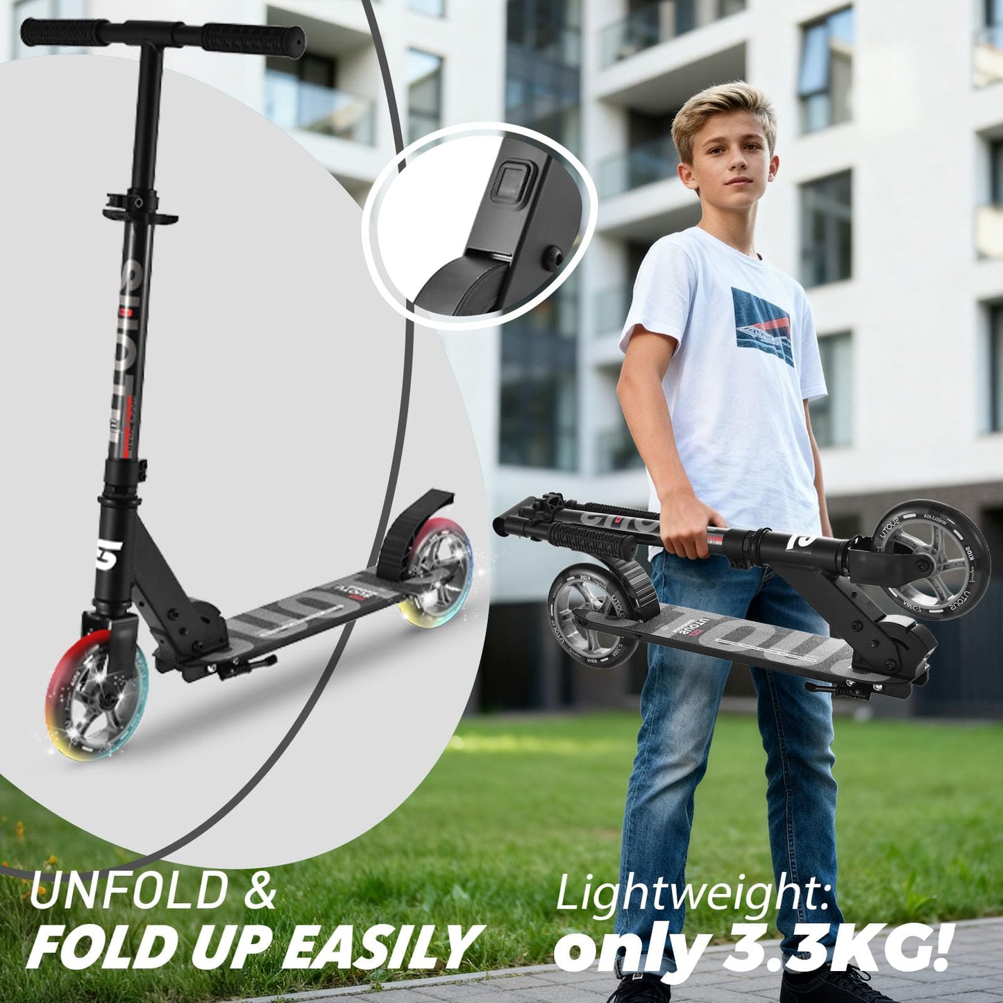 SUOTU Roller for kids with 145mm wheels, scooter with light-up wheel for ages 3-12, foldable, adjustable height, city scooter for boys and girls, aluminum (black)