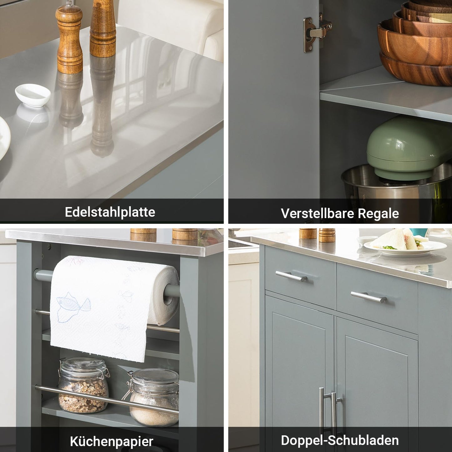 SoBuy kitchen trolley with stainless steel top, rolling cart with side shelf, sideboard, kitchen island, kitchen cabinet & serving cart on wheels, mobile trolley for kitchen organization in gray, 107x94x46 cm FKW108-HG.