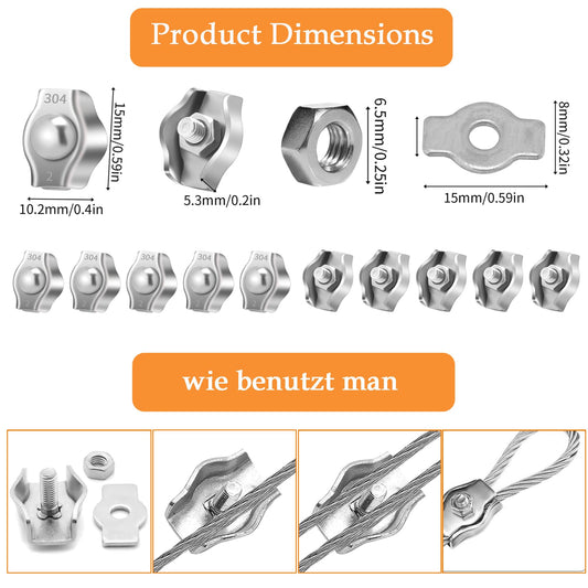 Eachan's steel wire, stainless steel cable 2mm 50m wire tensioner coated with 10 wire rope clamps, 304 stainless steel curtain cord clothesline for climbing plants, hanging lights pendant light.