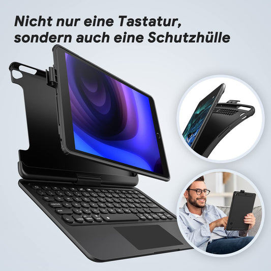 TECURS Keyboard Case for iPad 9th Generation, Keyboard for iPad 10.2 Inch 9th/8th/7th Generation with Pencil Holder, 360° Rotatable, QWERTZ, Black