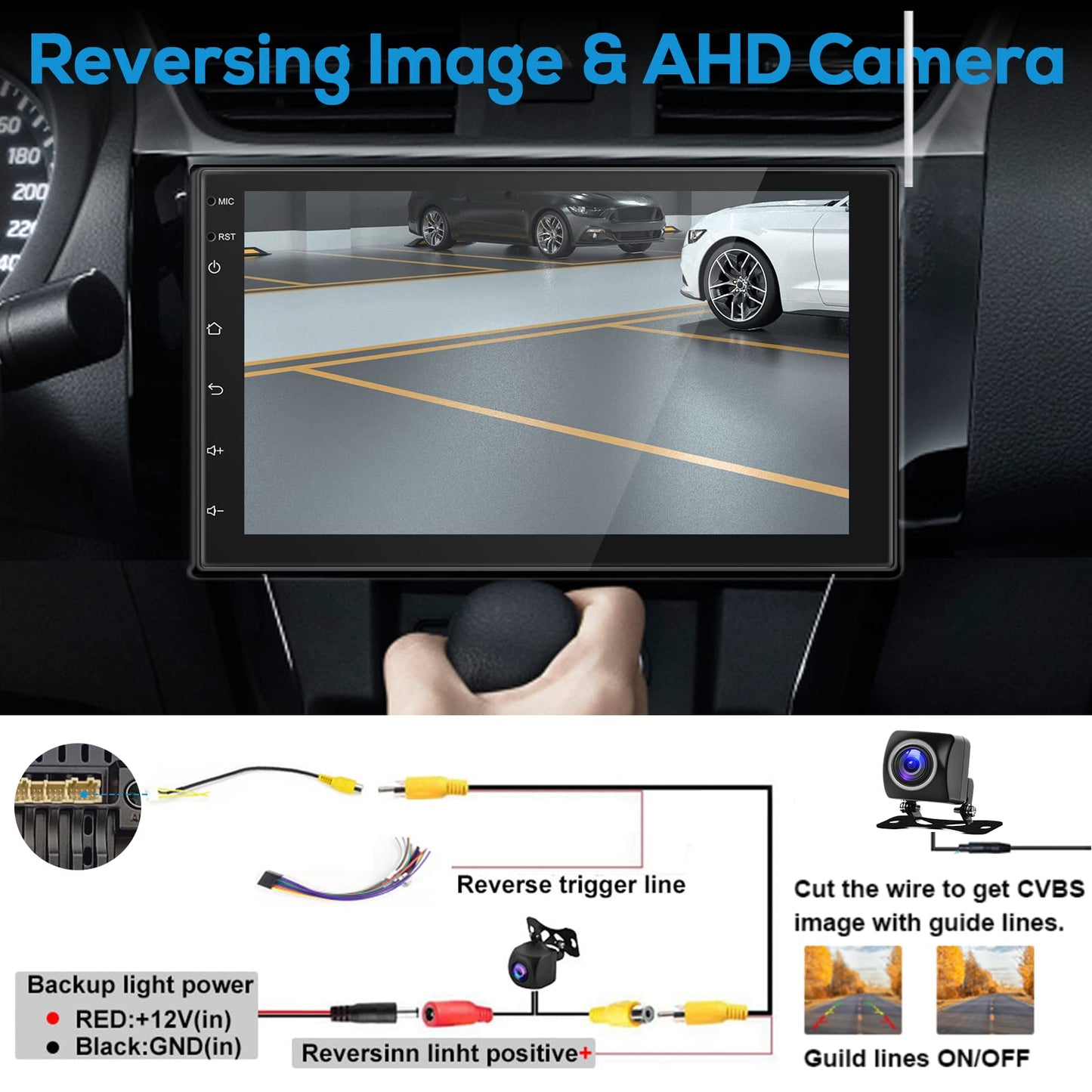 Android double DIN car stereo with Carplay, wireless Android Auto, 7-inch touchscreen, Bluetooth/GPS navigation, FM RDS radio. Car multimedia player with WiFi, USB, and rearview camera.