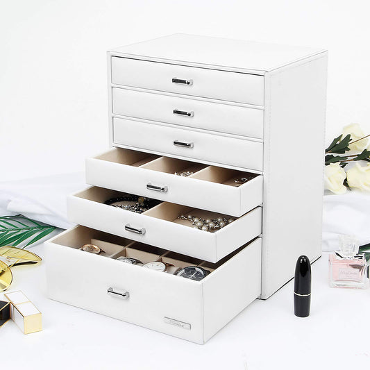 Yorbay jewelry box with 6 drawers in white, Seelux series jewelry box for necklaces, watches, rings, bracelets, earrings (Reusable)
