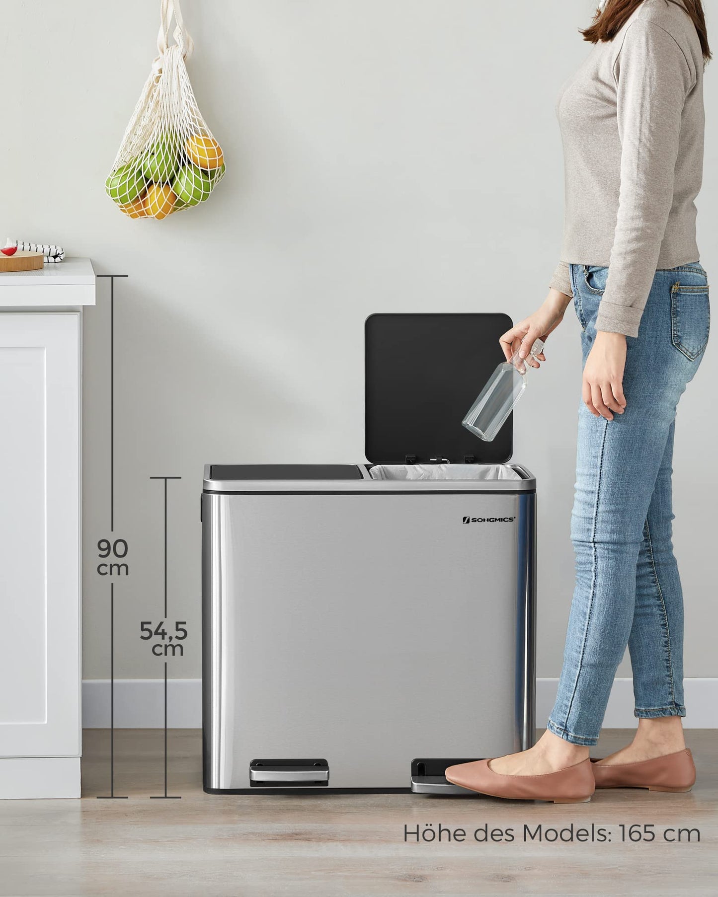 SONGMICS Trash Can, Waste Bin, Recycling System with 2 Compartments, Step Trash Can for Kitchen, 2 x 24L, Softclose, Plastic Inner Buckets, with Foot Pedals and Handles, Silver LTB48NL