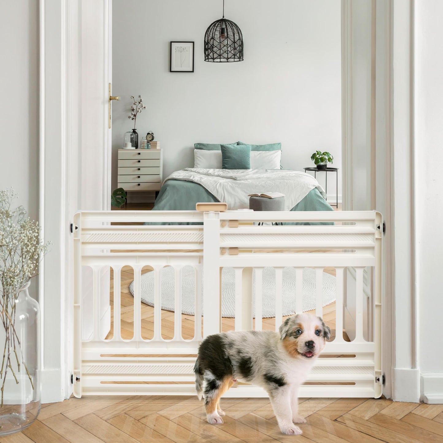 Iris Ohyama, Plastic Safety Fence, easy to install and clean, pet barrier, L64 x W61 x H5 cm, single unit, BPA-free, no drilling, PBR-600, dogs, White/Almond