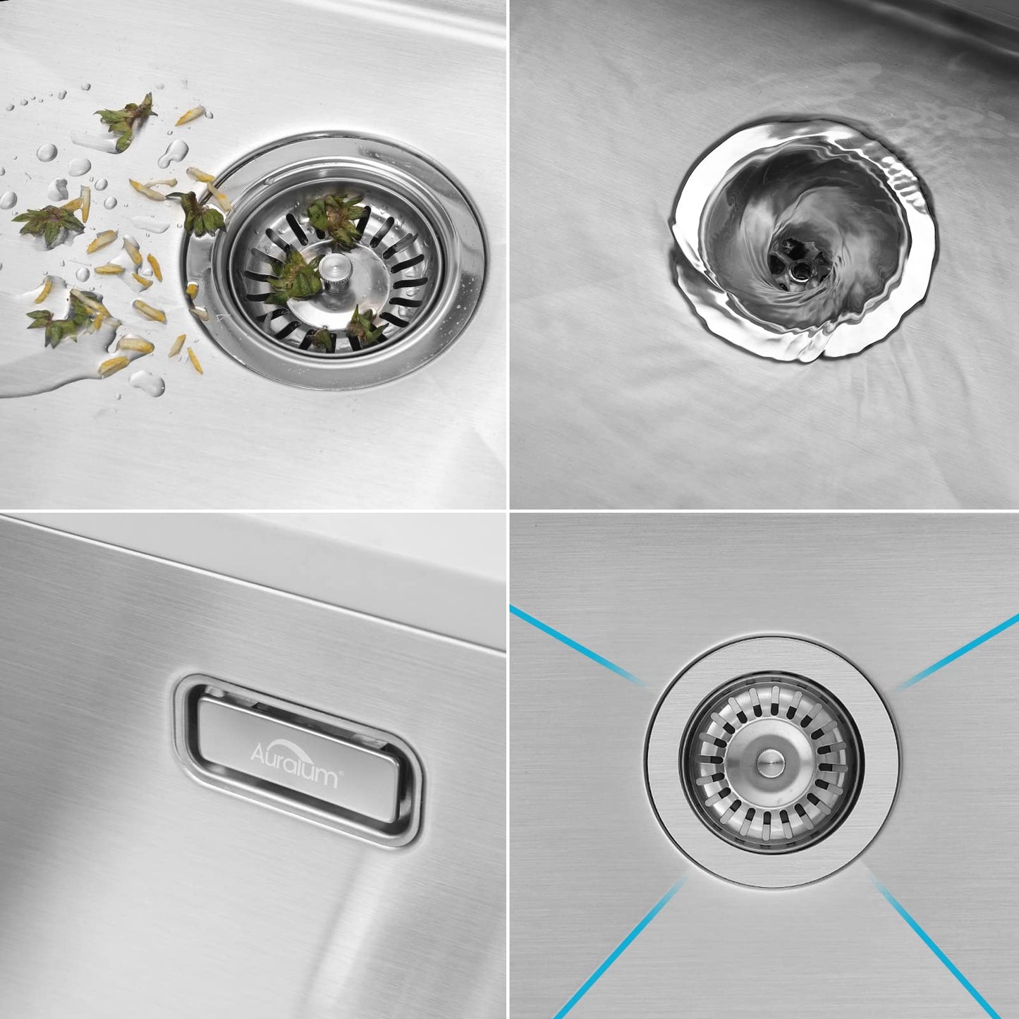 Auralum Kitchen Sink 70 x 44 cm, Large Handcrafted Stainless Steel Kitchen Sink, for 80 cm Kitchen Cabinet, including Siphon, Overflow, and Drain Set, Flush/Inset Sink for Kitchen