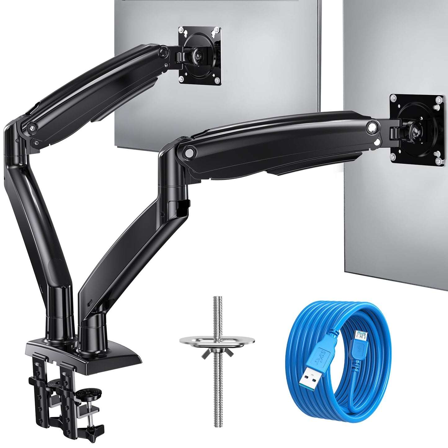 HUANUO dual monitor mount for 13-40 inch screens, with gas spring arms, VESA 75 & 100mm, C-clamp and grommet base, supports 2-12kg.