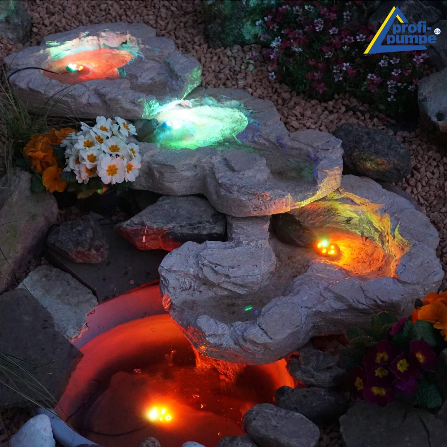 Solar garden fountain stream spring II with LED light/hybrid system, 230V decorative fountain bird bath waterfall garden light pond pump - fountain water feature for garden, pond, pond.