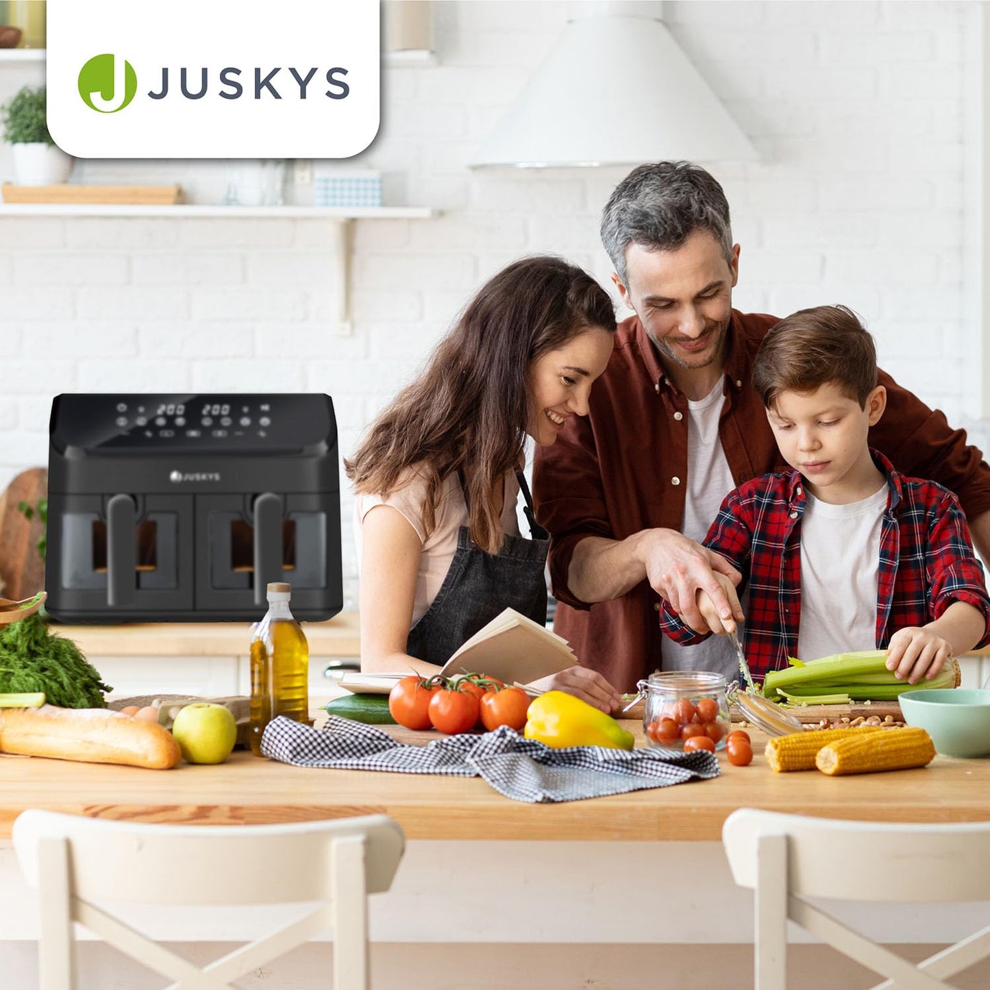 Juskys Airfryer 9 L Double Chamber - Hot Air Fryer with 2 chambers, 9 programs, coated, XXL deep fryer.