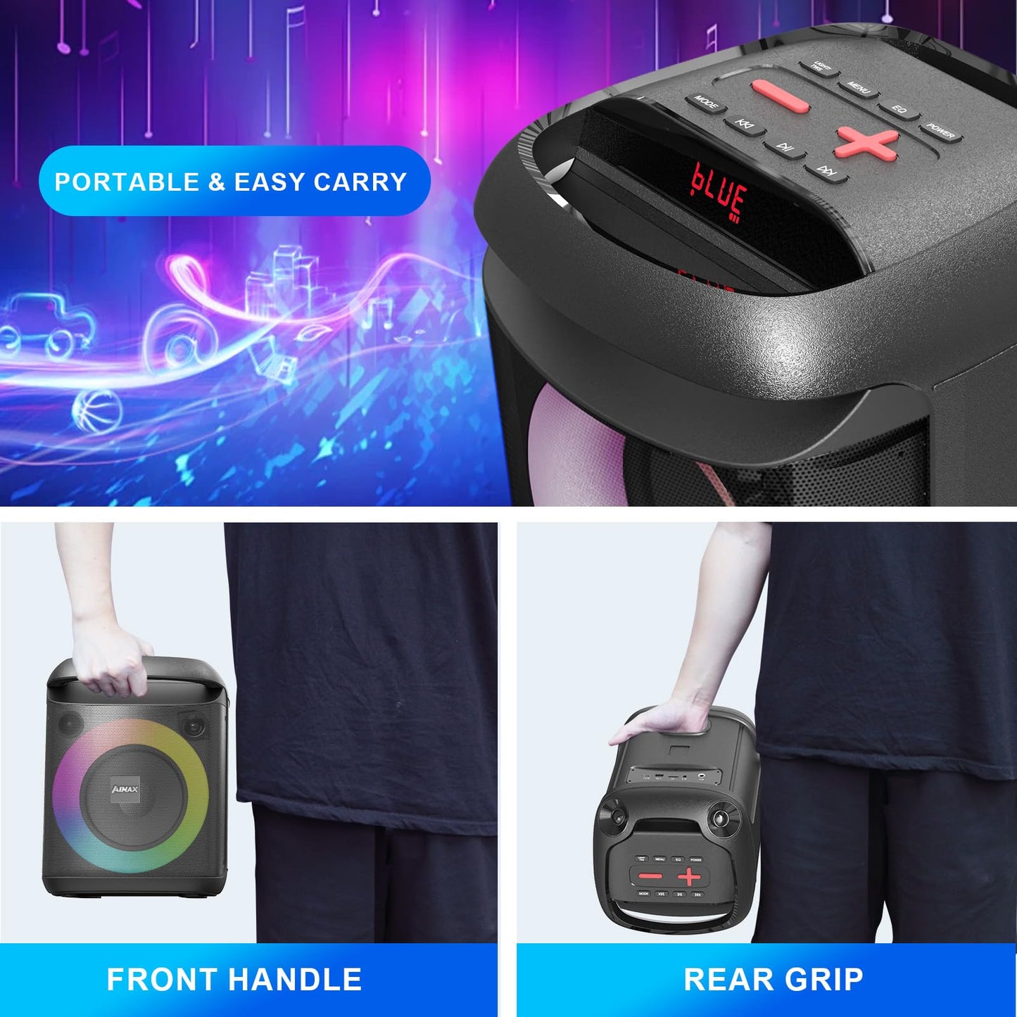 AIMAX Karaoke Machine with 2 Wireless Microphones, Portable Bluetooth Speaker for Adults and Kids, Party Music Box Mobile PA System with RGB Light Supports TF/USB, TWS, AUX in, Black.
