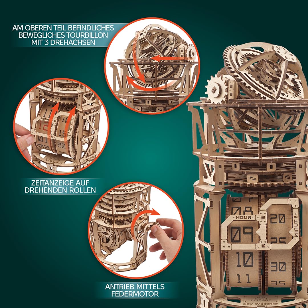 Ugears Sky Watcher Tourbillon Table Clock - 3D wooden puzzle adult watch model kit - Mechanical observatory building set with Tourbillon 3D Puzzle wood kit birthday gift - 338 pieces