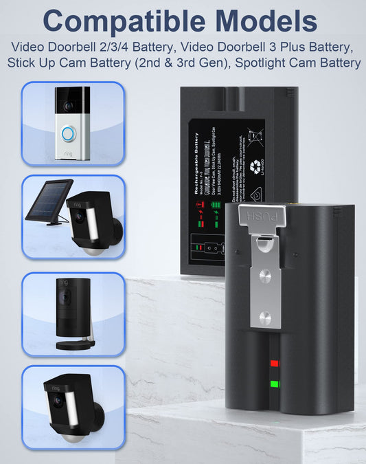 2 batteries and charging station for Ring Video Doorbell, 3.65V 6040mAh battery compatible with Video Doorbell 2/3/3+/4, Spotlight Cam Battery, Stick Up Cam (2/3Gen) (2 Battery and Charger)
