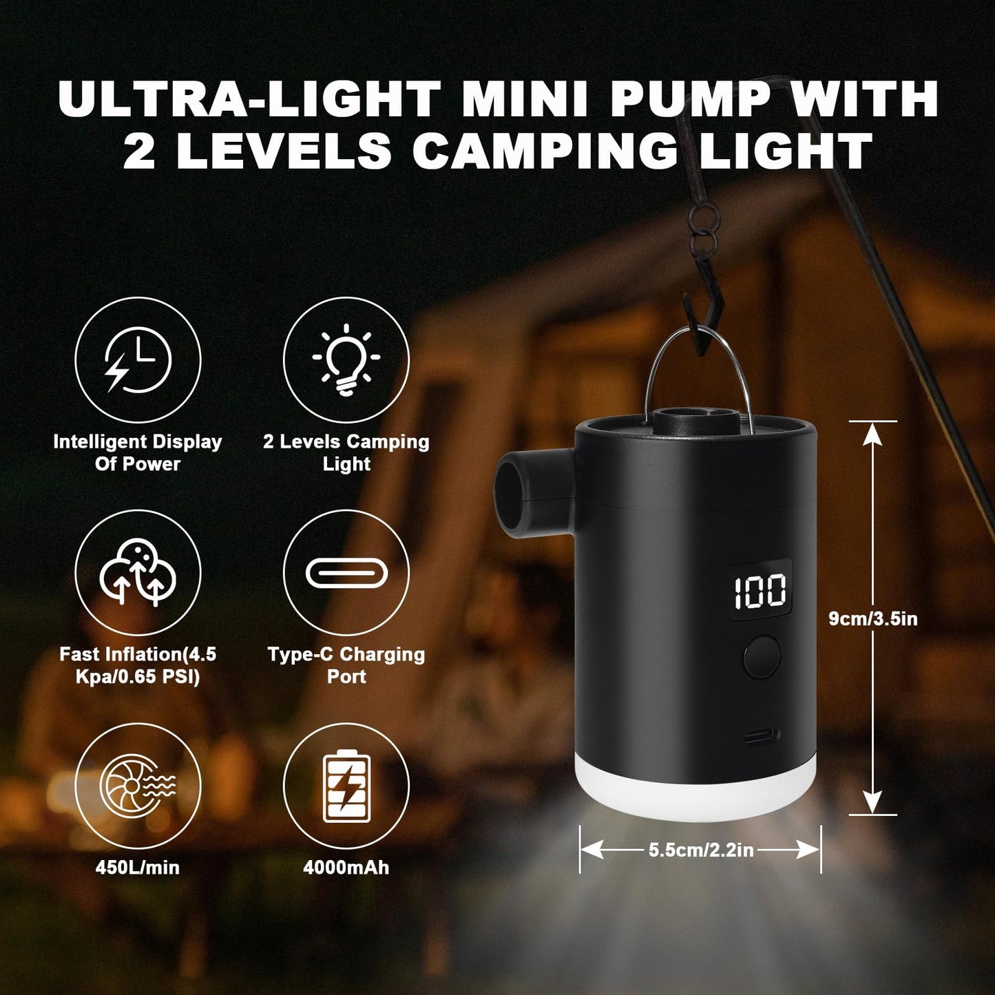 Portable Electric Air Pump: 4000mAh Type-C Rechargeable Battery, Ultra-light and Fast Inflating/Deflating Electric Air Pump with Camping Lantern for Air Mattresses (Black)