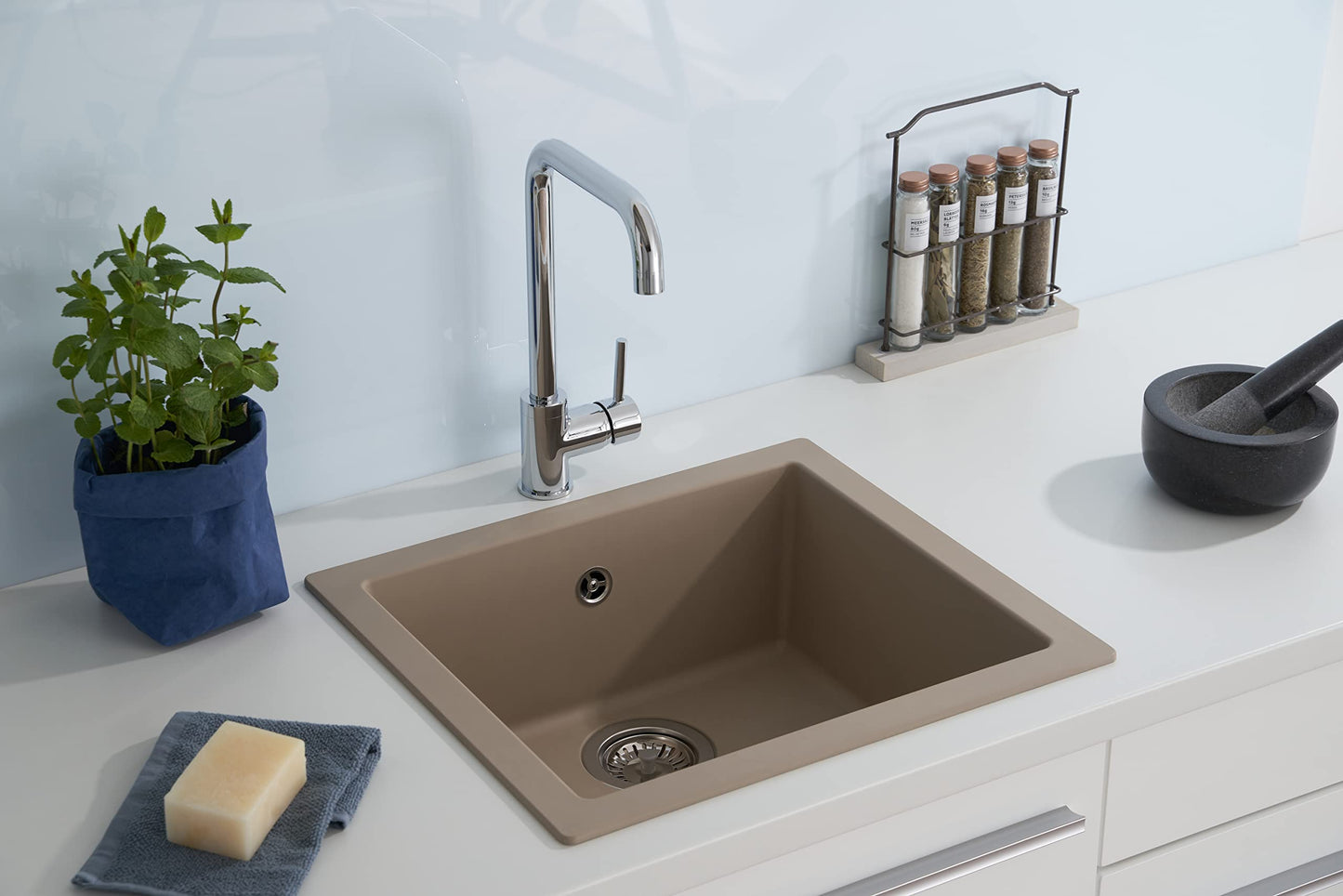 Respekta Ohio mineral sink in sand beige / 1 basin inset sink in 50 x 44 cm / sink suitable for base cabinets from 50 cm width