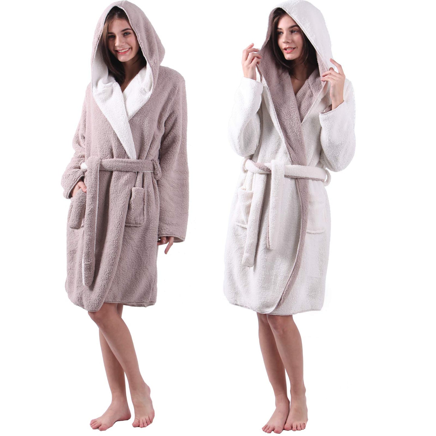 HOMELEVEL Sherpa Reversible Bathrobe in Sheepskin Look for men and women with hood, morning gown, housecoat