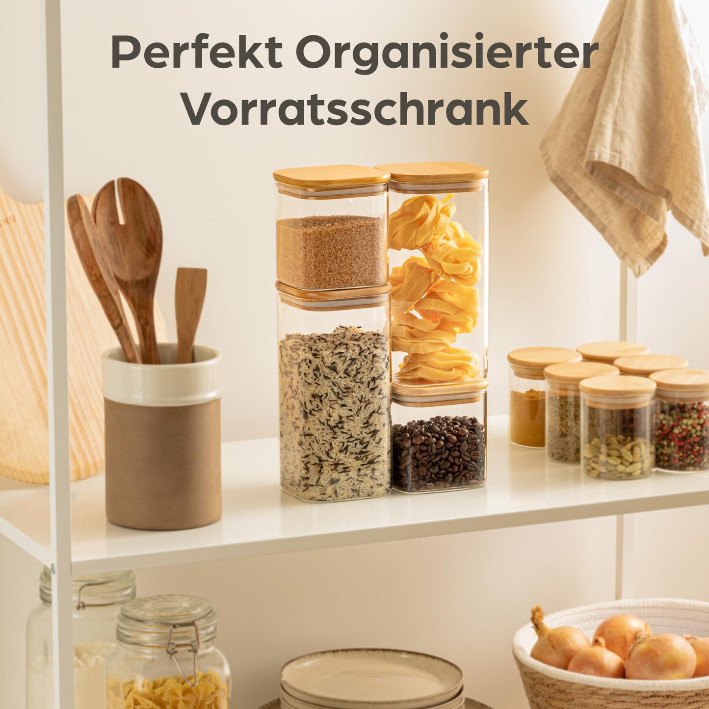 Praknu glass jars with lids - set of 4 square jars - airtight with bamboo lids - borosilicate glass storage containers in 2 sizes - kitchen storage jars