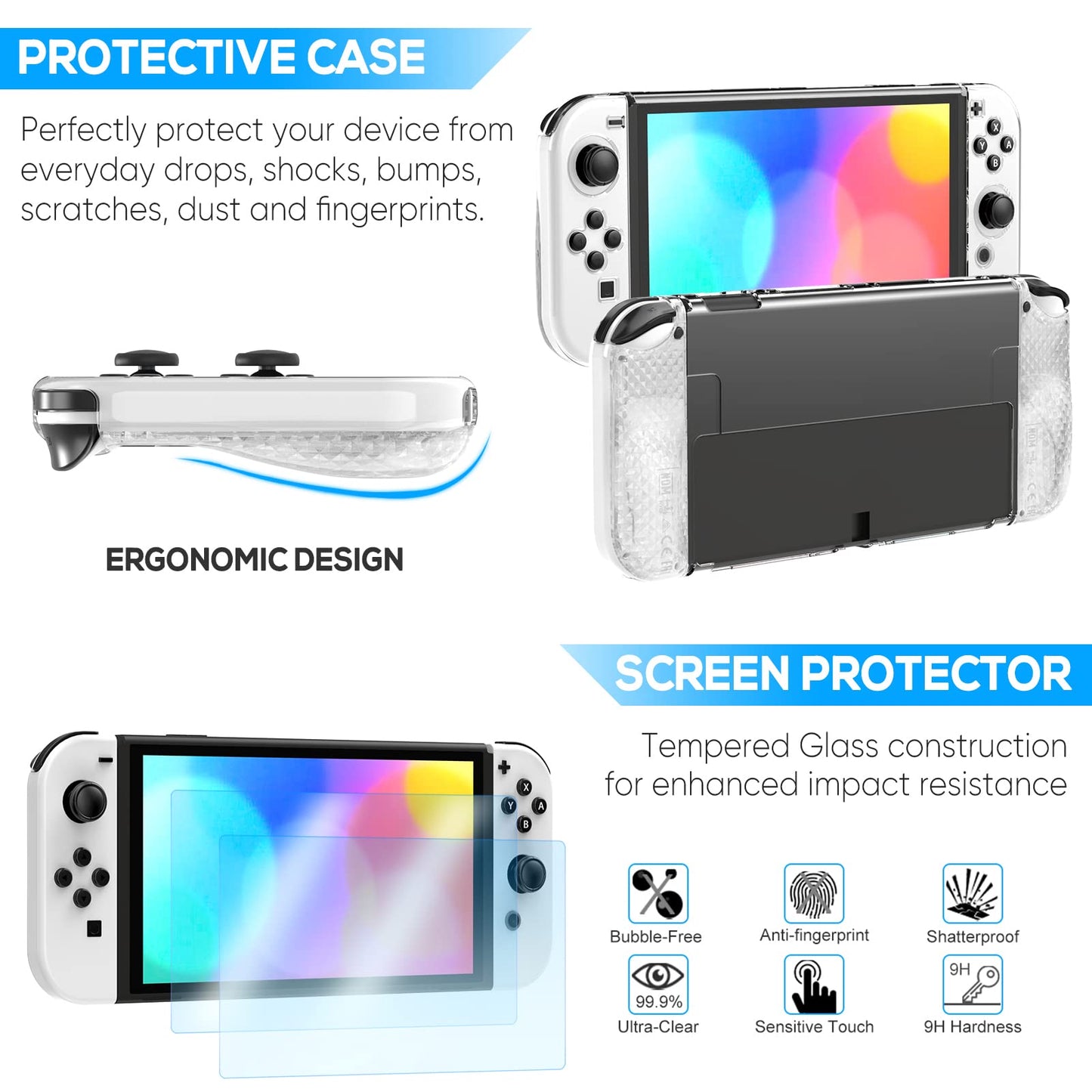 Accessory compatible with Nintendo Switch OLED model, carrying case, dock charger for controllers, adjustable game stand, screen protector, protective case, game cartridge.