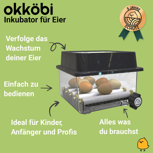 Incubator Fully Automatic 12 Eggs - Ideal for all age groups | Hatching Machine Chicken Egg Turning and Moisture Control - Integrated Eggshell + 5 Year Protection - Okköbi OBI-12