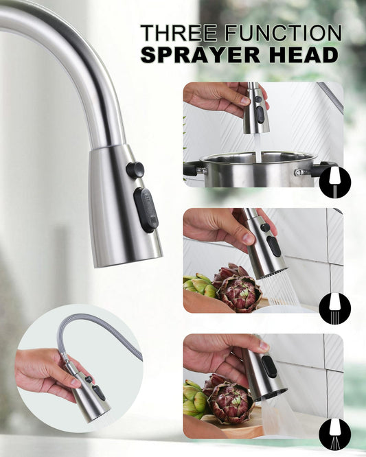 ARCORA kitchen faucet with pull-out, high-pressure kitchen tap made of stainless steel. 360° swiveling kitchen faucet mixer with 2 spray modes in brushed nickel.