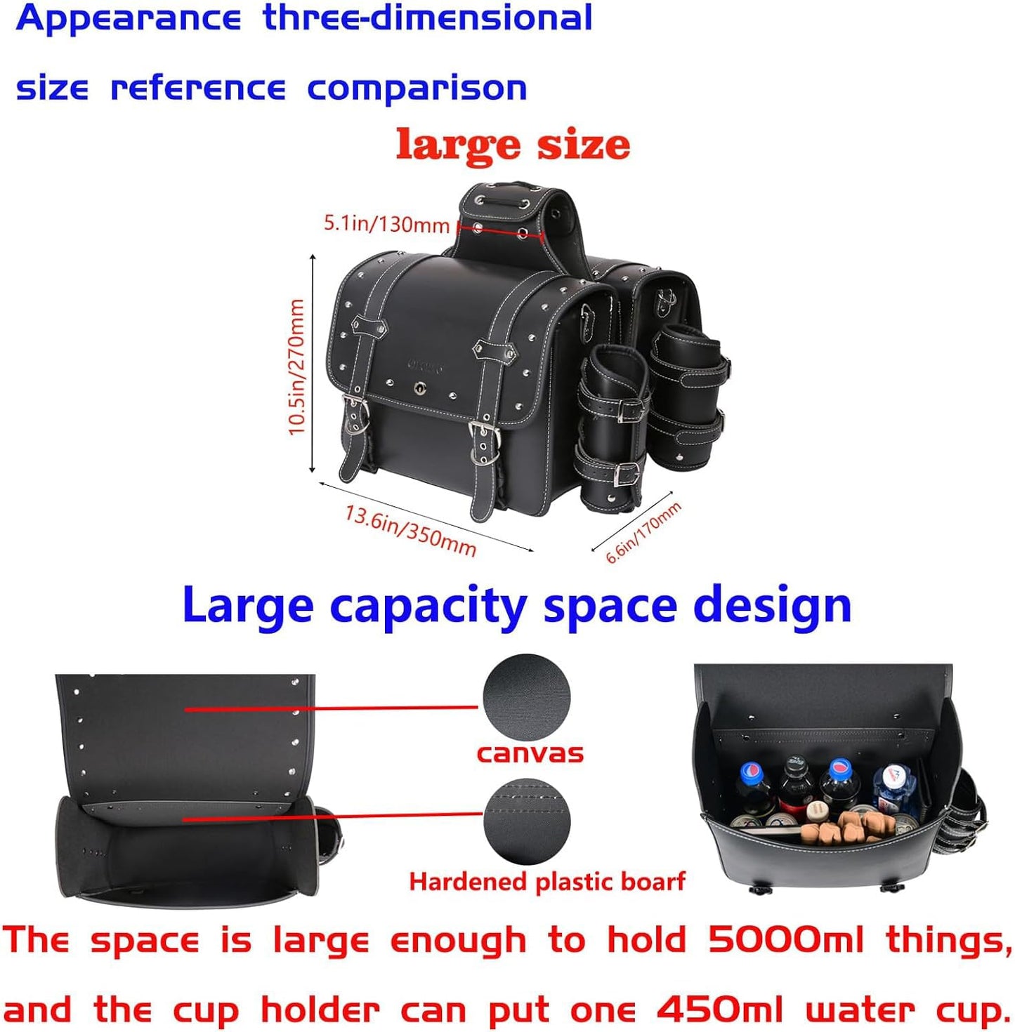 High-density leather motorcycle saddlebags, throw-over bags, luggage racks, side bags with drink holder, waterproof, side tool pouch, storage bag for motorcycle, universal, 1 pair, L, black.