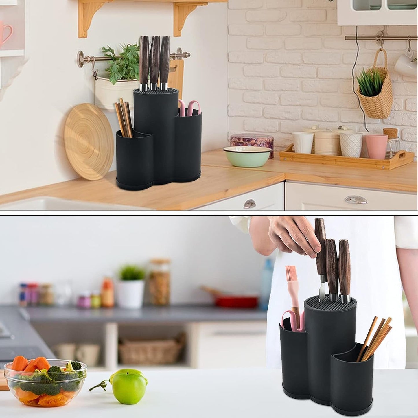 3-slot knife block without knives, universal round knife block holder unfilled with utensil holder, empty knife block holds 12 8-inch knives, suitable for all kitchen knives.