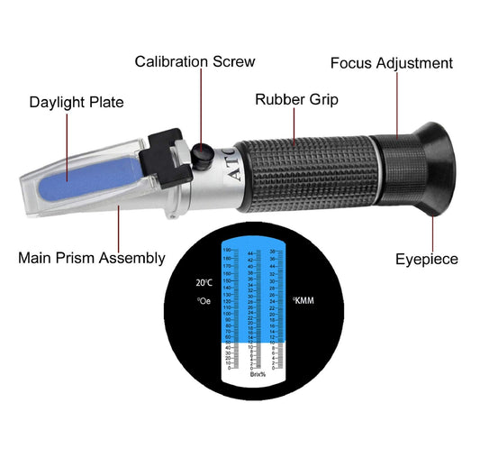 HHTEC Winemaker Refractometer 0-190 Öchsle 0-44 Brix (sugar) 0-38 KMW Öchslemeter with ATC for measuring sugar content for making wines with instruction manual in German