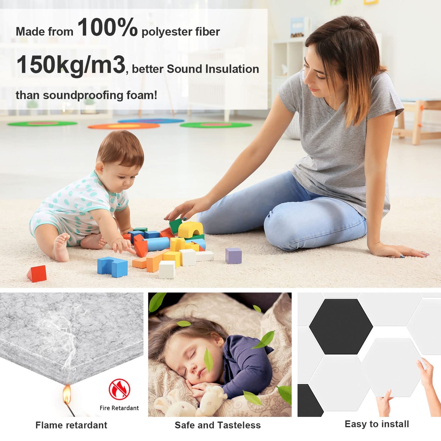 JBER Hexagonal Acoustic Panels, Soundproof Interior, Sound Absorbing Panels, 35.6 x 30 x 1cm Beveled Edge High Density Wall Tiles, for Acoustic Treatment, (12 Pieces White)