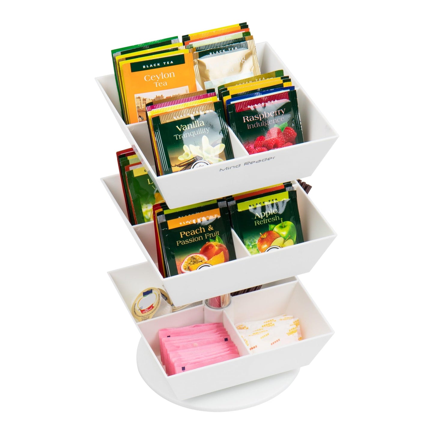 Mind Reader Tea Bag Carousel, Tea Station Organizer, Countertop Storage, Tea Holder, Kitchen, 6.75" L x 6.75" W x 11.5" H, White