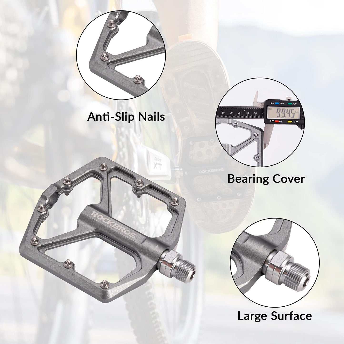 ROCKBROS Bike Pedals, CNC-machined 9/16-inch Flat Pedals made of aluminum, Flat pedals with non-slip platform & Cr-Mo steel axle for MTB, road bike, gravel & trekking bike.