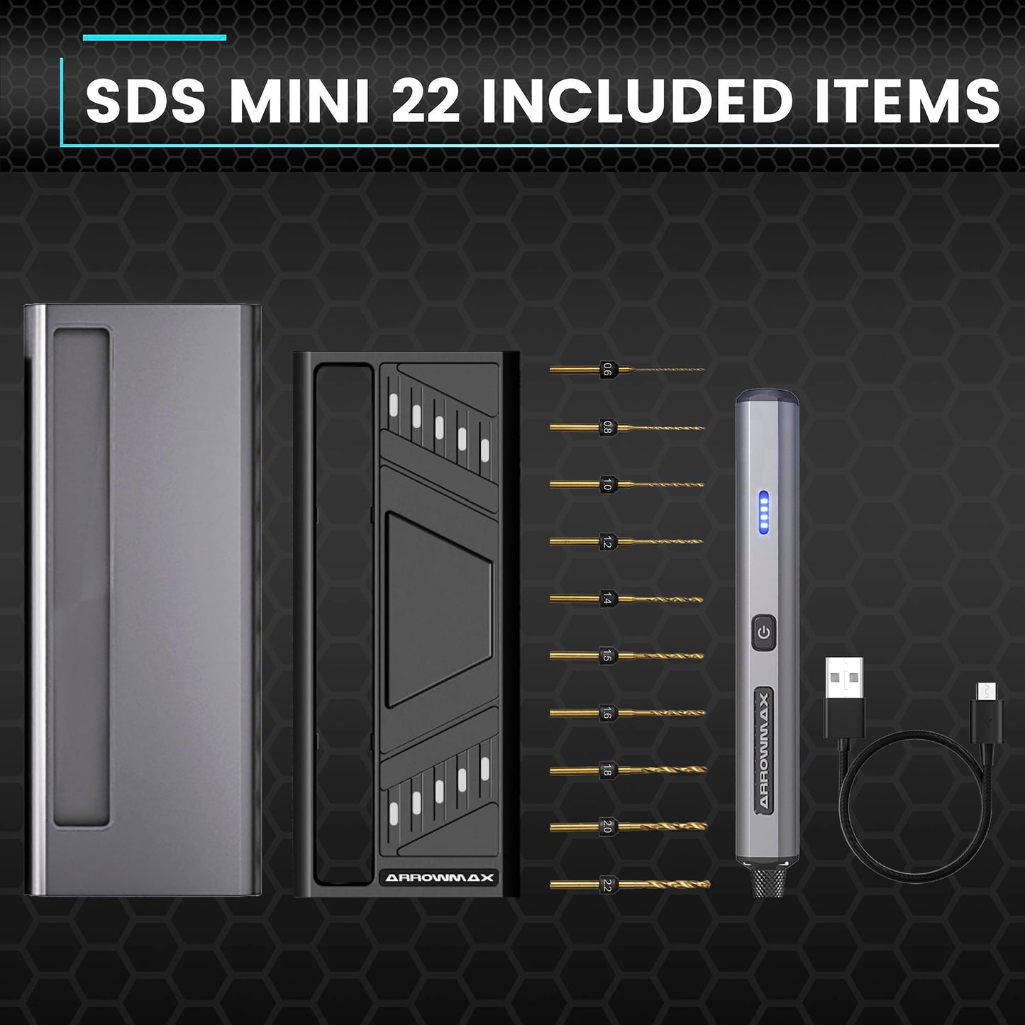 ARROWMAX Mini Electric Drill 13 in 1 with Aluminum Case, Cordless, Rechargeable, 600 RPM, Pin Vise Hand Drill Set, 10 HSS Drill Bits, DIY, Wood, Jewelry Making (SDS MINI 22)