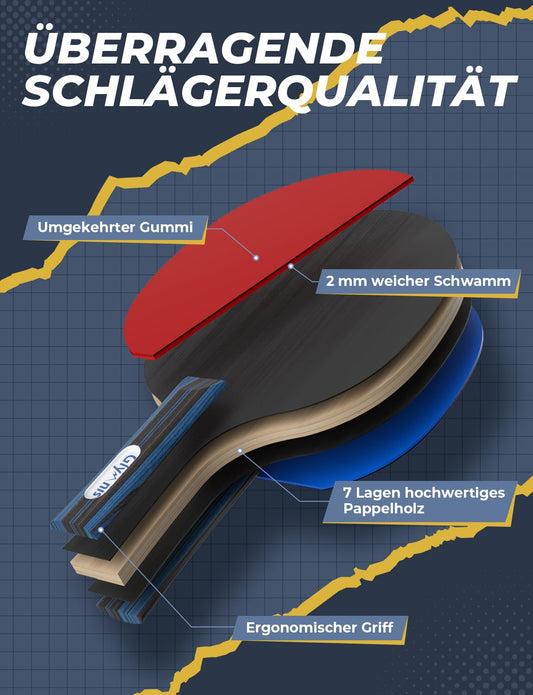 Glymnis table tennis racket, Portable table tennis set, Premium table tennis racket set, 3-star table tennis balls, Compact storage bag for beginners, families, professionals.