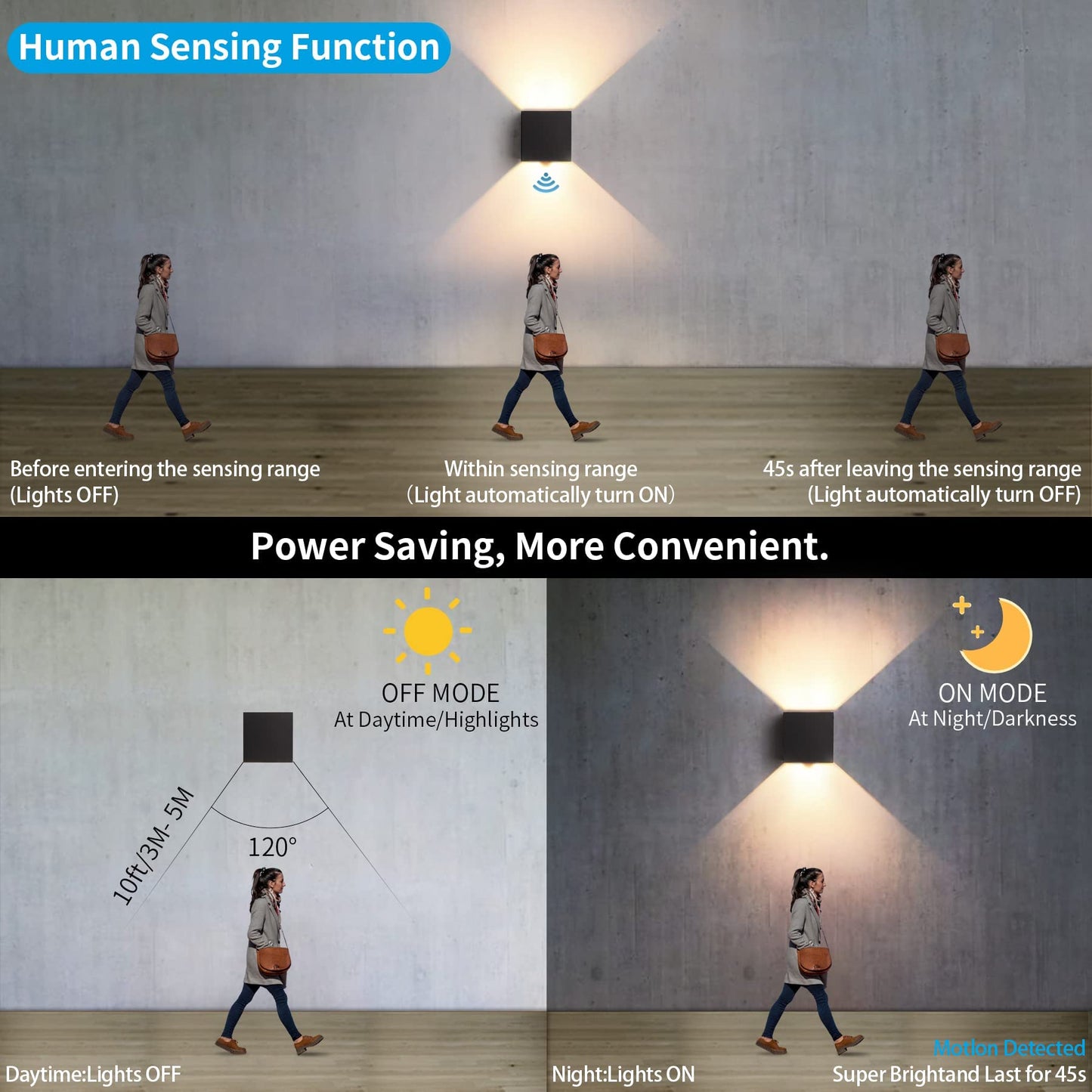 BOYIR 12W LED wall light for indoor/outdoor use with motion sensor. Modern up/down design with adjustable beam angle. Waterproof IP65 outdoor wall lamp in 3000K warm white.