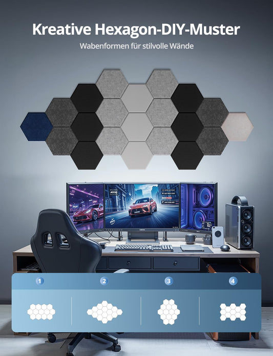 Hexagon Acoustic Panels Self-Adhesive, 12 Pieces Sound Absorbers for Recording Studio, Living Room, Gaming Decor, Nursery, Office, Wall, Ceiling, Doors Acoustic Panels White, 30 x 26 x 0.9cm