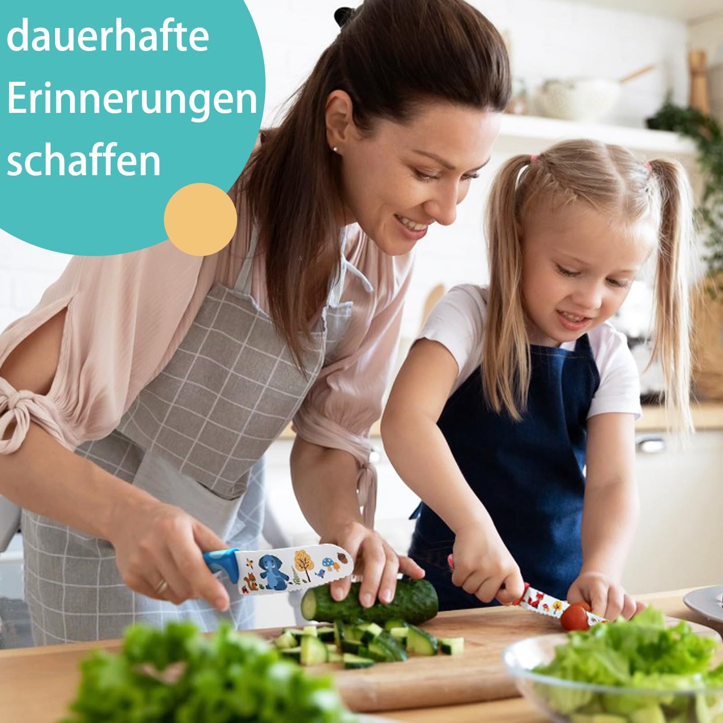 Kibbidea 4-piece child knife set, safety, stainless steel blade, serrated edge, kids kitchen knives, teaching cutting skills for cutting fruit or vegetables, suitable for children aged 3 years and older.