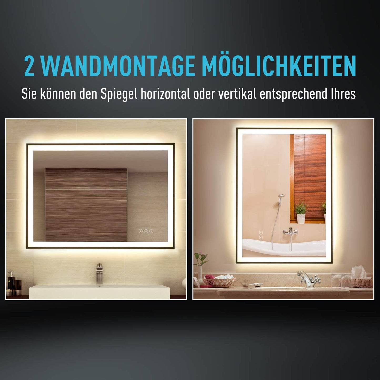 Kleankin bathroom mirror LED mirror with 3 light colors Fog-free wall mirror with anti-fog function, touch switch Aluminum 70 x 50 x 3 cm
