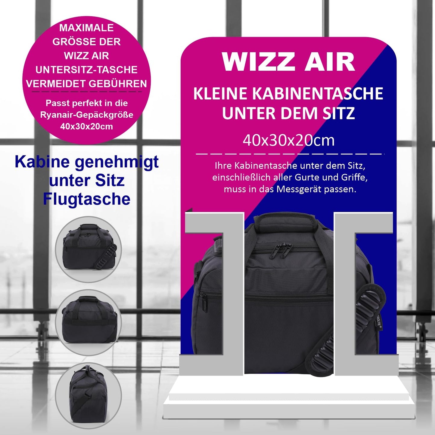 Aerolite 40x30x20cm Ryanair and Wizz Air Maximum Size Under Seat Cabin Bag, Foldable Premium Carry-On Bag, Small Lightweight Ryanair Carry-On Bag 40x30x20, Black