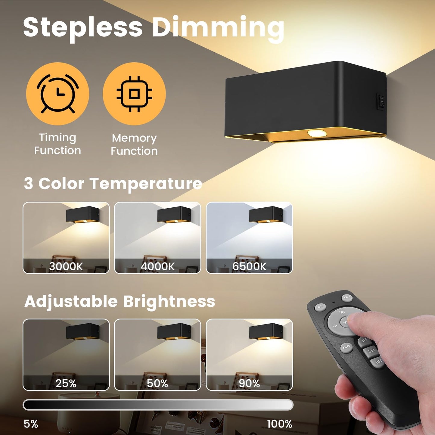 Wireless battery wall light with motion sensor, USB-C rechargeable battery wall lamp with timing function, 6W LED dimmable wall light with remote control, indoor wall lighting with switch, black.