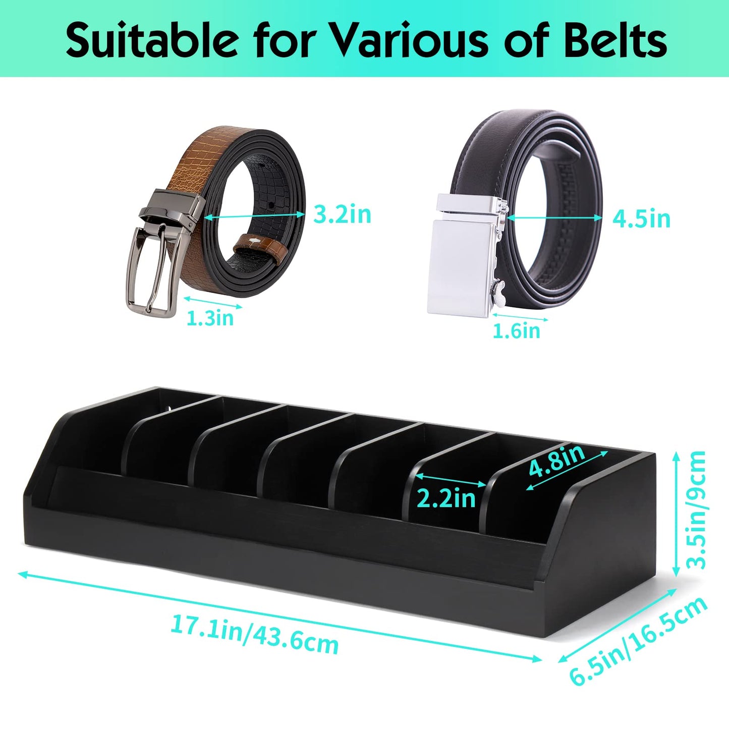 B4Life Belt Storage, 7 Compartment Belt Holder for Men, Bamboo Belt Display Rack for Closet and Drawer, Belt Showcase, Belt Organizer for Wall Belt Hanger (Black)