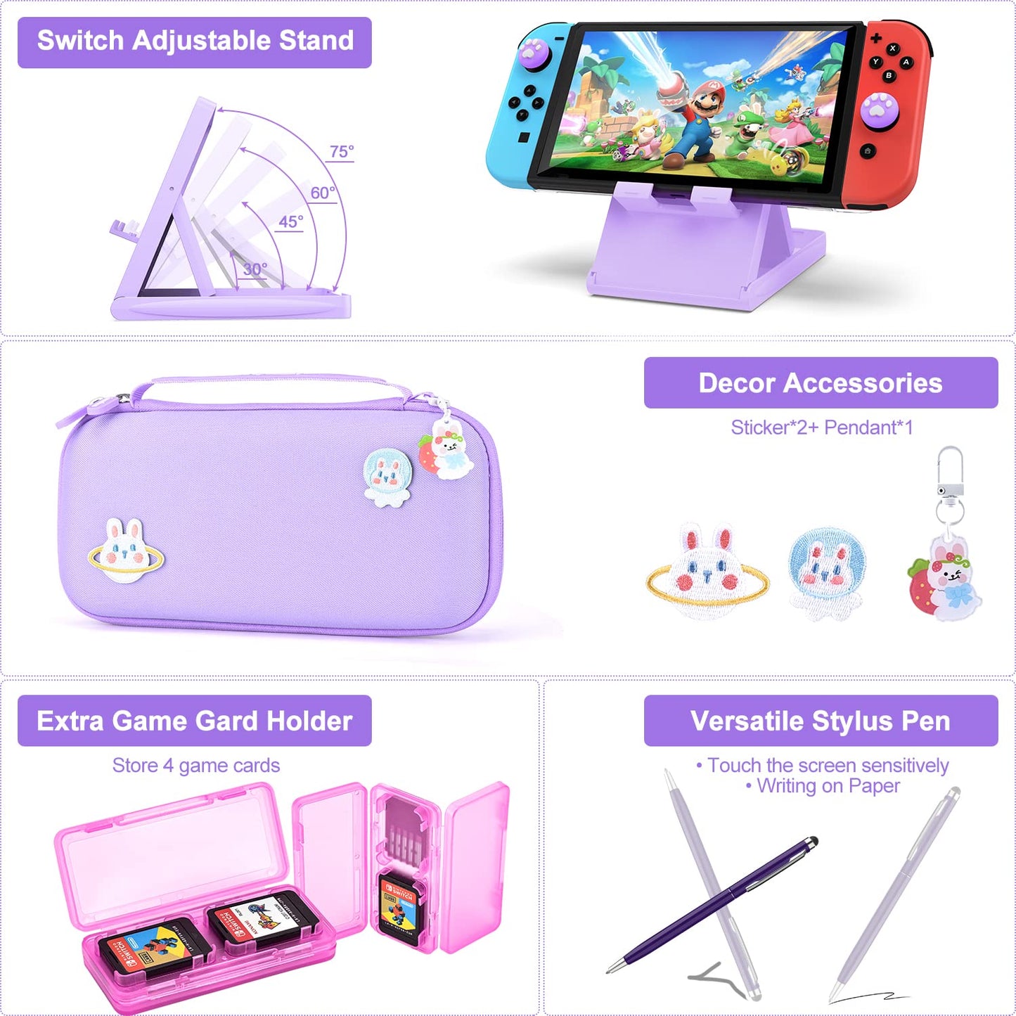 Switch case for Nintendo Switch - innoAura 18 in 1 Switch accessory kit with Switch case, Switch case, Switch game storage, Switch screen protector, Switch stand, Switch joystick caps (Purple)
