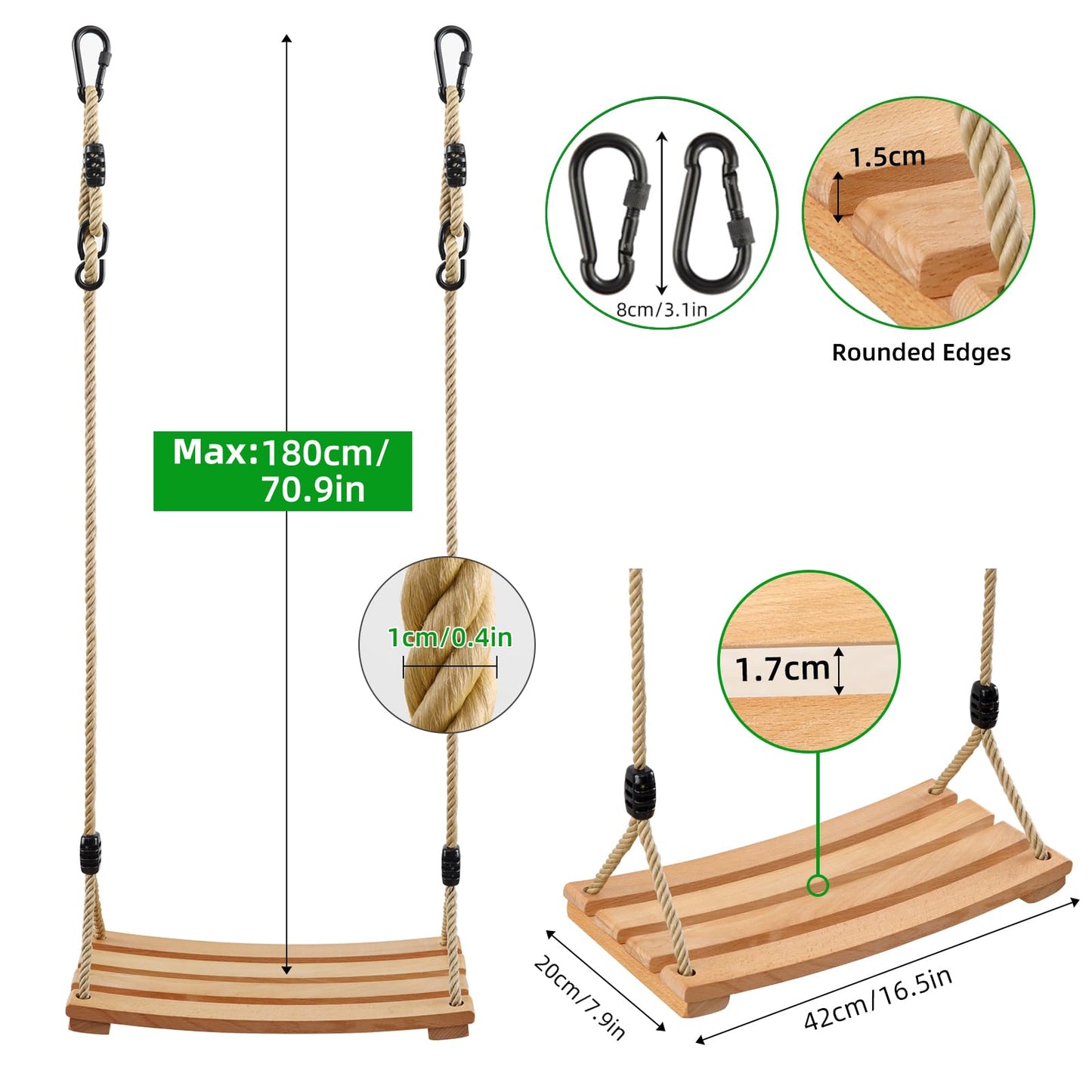 An exercise wooden swing seat for adults and children, with adjustable rope up to 100kg, suitable for indoor and outdoor use.