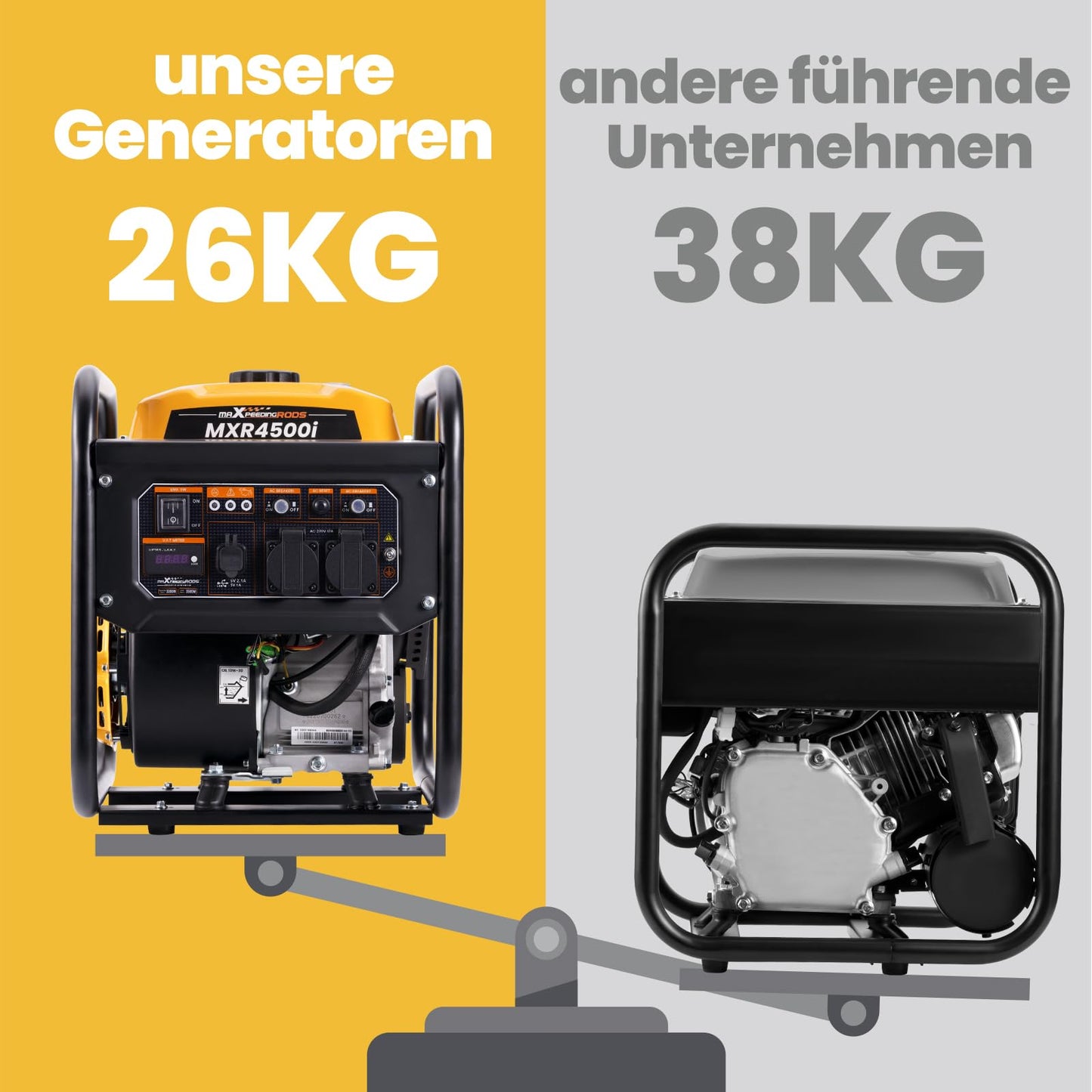 maXpeedingrods Inverter Power Generator 3500W Gasoline 4 Stroke with two 230V sockets Quiet and lightweight as emergency power supply for home, garage, workshop, and construction site.