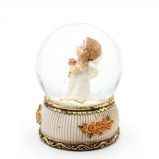 Snow globe/shake ball standing angel with star in hand, antique base with roses, size L/W/H approx. 8 x 6.5 x 8 cm, Ø ball 6 cm.