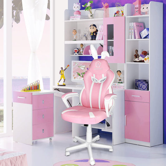JOYFLY Pink Gaming Chair Office Chair Computer Chair PU Leather Ergonomic Gamer Chairs with cute bunny ears and tail Height Adjustable Lumbar Support (Pink)