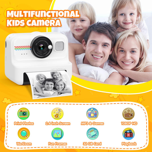 HiMont Kids Camera Instant Camera, 1080P Instant Camera for Kids with 32GB Card & 3 rolls of printing paper, fun kids' toy gifts for boys & girls aged 3-12 years.