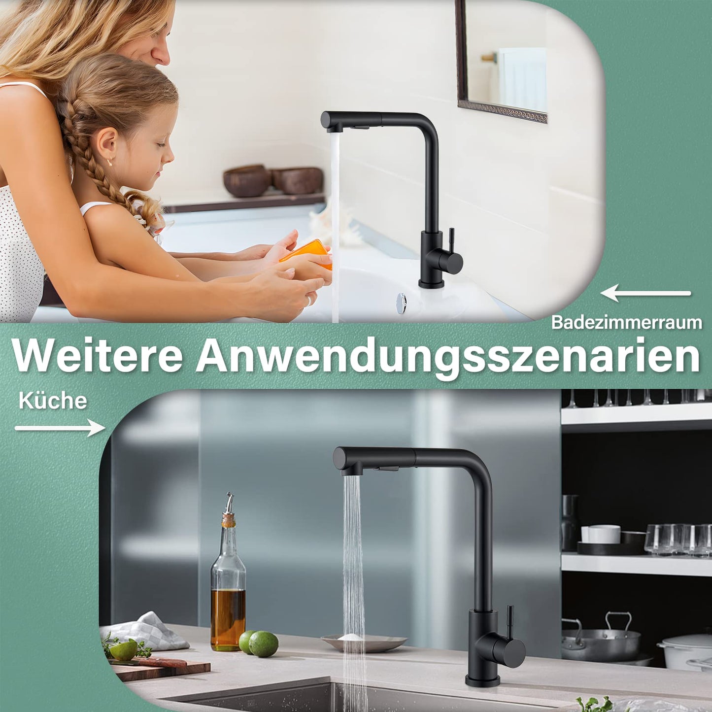 Kitchen faucet black with pull-out spray head High-pressure 360° swivel kitchen sink faucet stainless steel Two spray modes water tap.