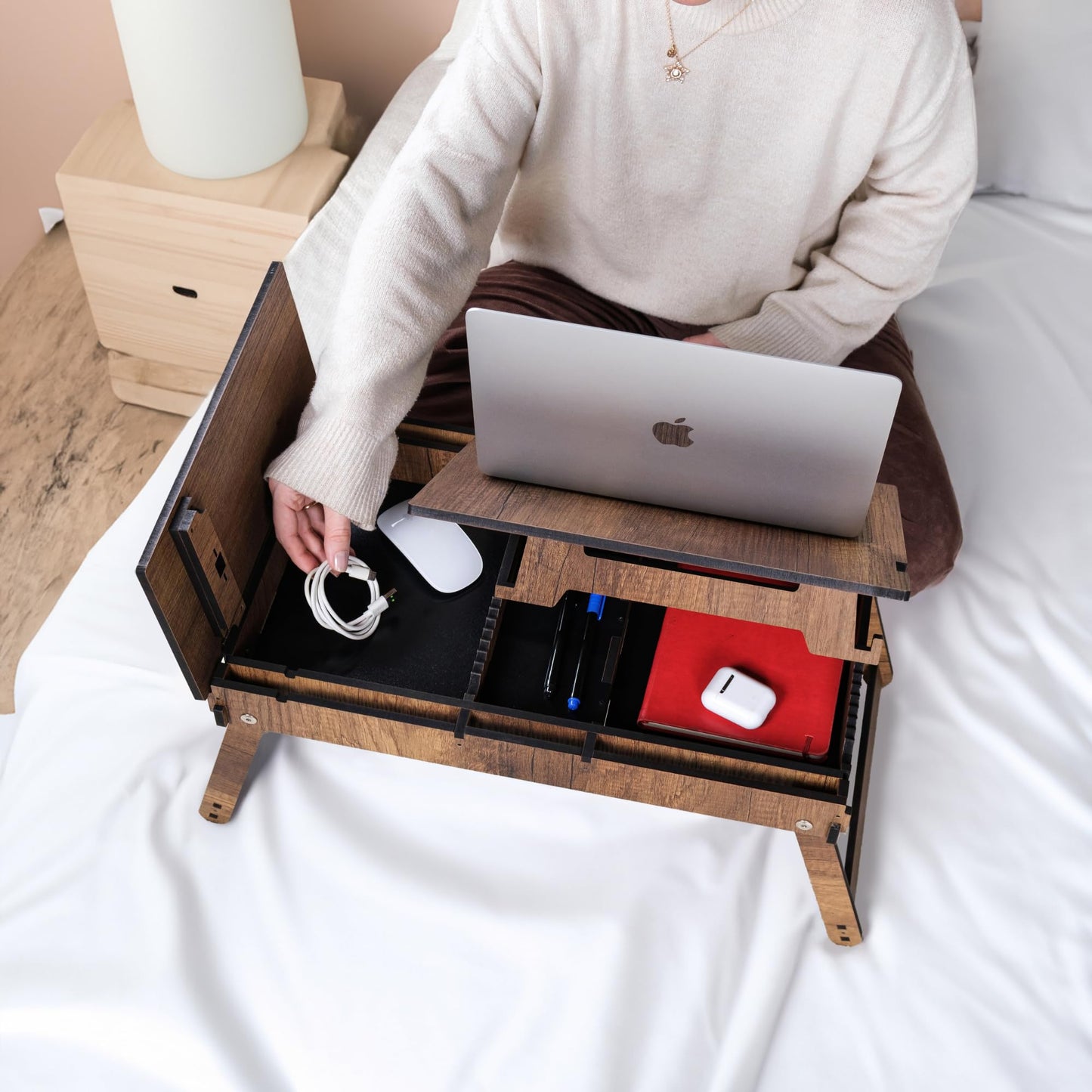 Vigo Wood Laptop Table, wooden laptop stand for bed, adjustable laptop desk and knee tray with built-in storage space, ergonomic design for reading, working